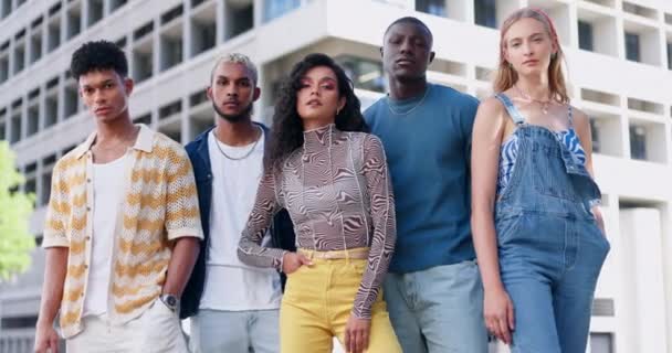 City fashion, portrait and gen z friends with confidence, solidarity and diversity with streetwear. Urban culture, group of young men and women on street with serious social, cool style and relax - Footage, Video