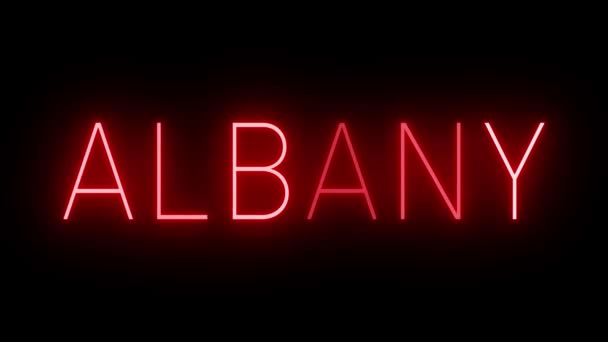Sinal de néon de estilo retrô vermelho piscando brilhando contra um fundo preto para ALBANY - Filmagem, Vídeo