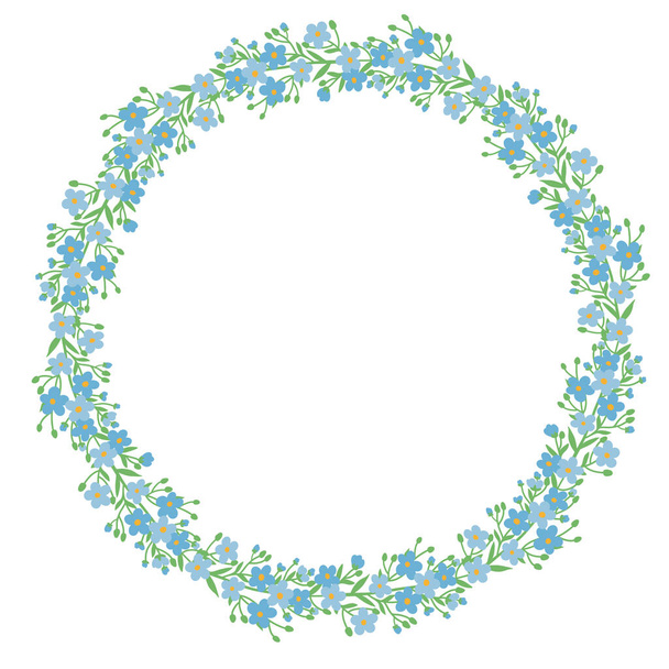 Hand drawn vector illustration. Wreath of tiny stylized blue flowers forget-me-nots on white background - Vector, Image