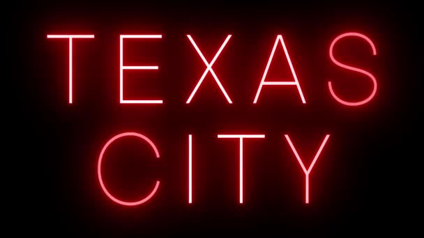 Signo de neón de estilo retro rojo parpadeante que brilla sobre un fondo negro para TEXAS CITY - Metraje, vídeo