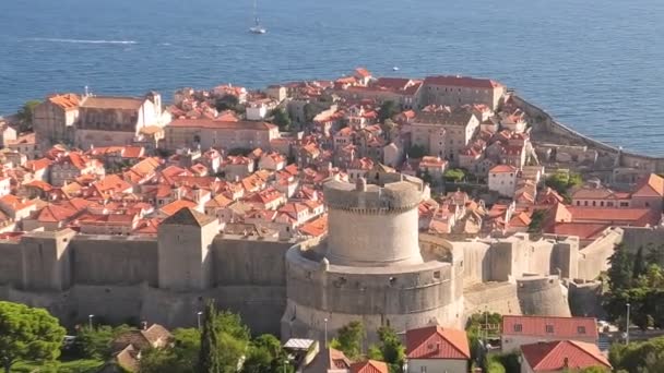 Vista aerea sulle mura di Dubrovnik della Croazia. Veduta della Torre Tvrdava Minceta e Cattedrale dell'Assunzione della Vergine Maria. Dubrovnik città veneziana della Croazia UNESCO in Dalmazia - Filmati, video
