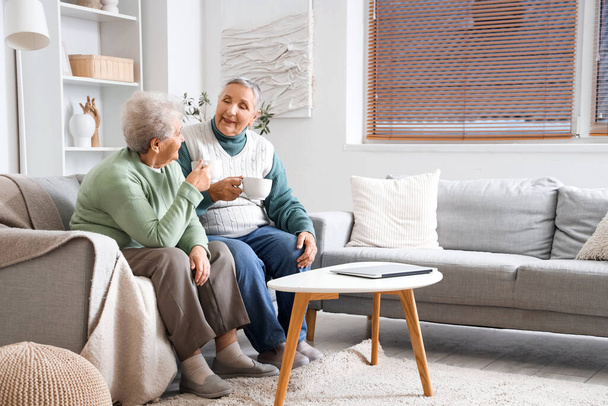 Idősebb női barátok otthon teáznak a kanapén - Fotó, kép