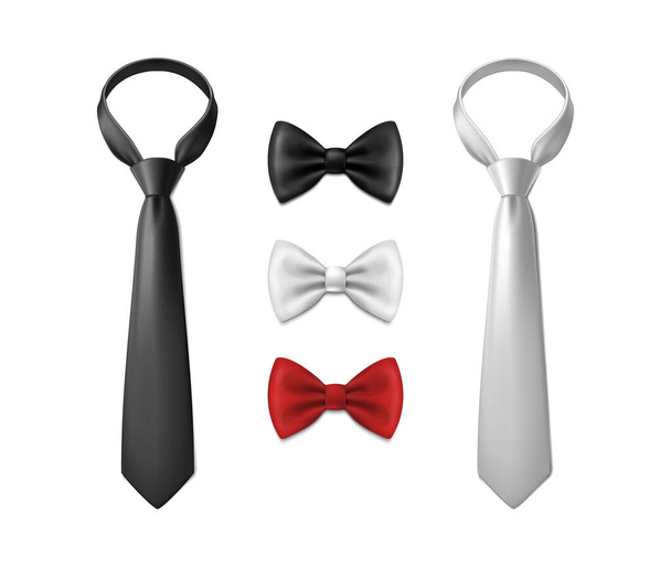 realistic vector icon illustration set. Black and white neck tie and bow. - Vector, Image