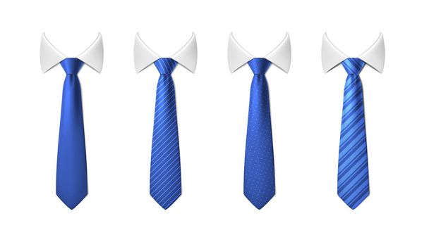 realistic vector icon illustration set. Neck blue tie with white collar with different stripe pattern. - Vector, Image