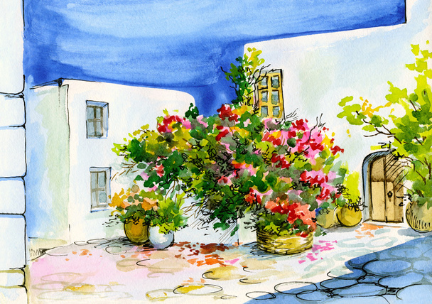 水彩画風に植木鉢に花の花束の - 写真・画像