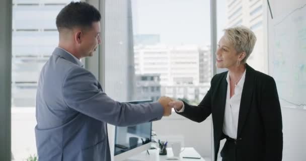 Business people, job interview and handshake in office for Human Resources meeting, thank you and schedule notes. Happy woman, man or clients shaking hands for recruitment, opportunity or hiring deal. - Footage, Video