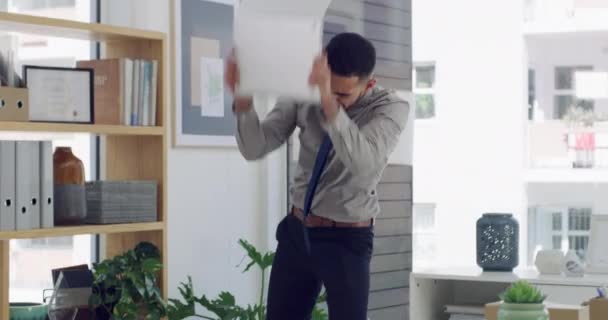 Angry businessman, office and smashing laptop in destruction, damage or anger management. Frustrated man or employee throwing computer or stomping on floor for broken or faulty equipment at workplace. - Footage, Video