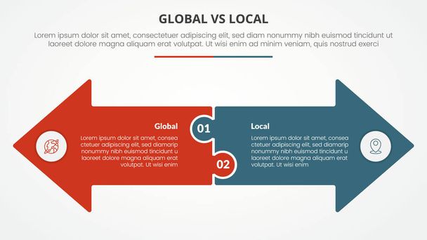 global vs local versus comparaison concept infographique opposé pour la présentation de diapositives avec grande flèche forme côte à côte direction opposée avec style plat - Vecteur, image