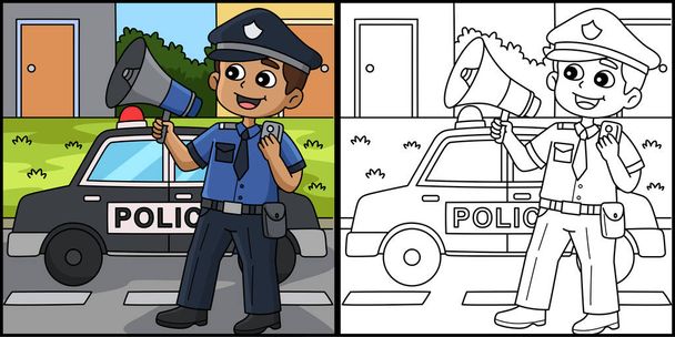 Bu boyama sayfasında megafonlu bir polis memuru var. Bu illüstrasyonun bir tarafı renkli ve çocuklar için bir ilham kaynağı..  - Vektör, Görsel