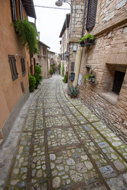 Callejón peatonal de Cobblestone en Spello - Italia - Foto, imagen