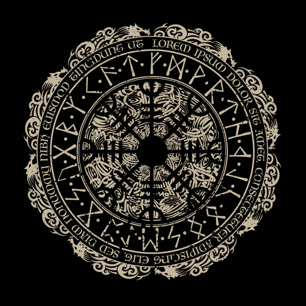 Símbolo escandinavo rúnica marrón con círculo de dragón y signo Vegvisir para el diseño del tatuaje escandinavo aislado sobre fondo negro - Vector, imagen