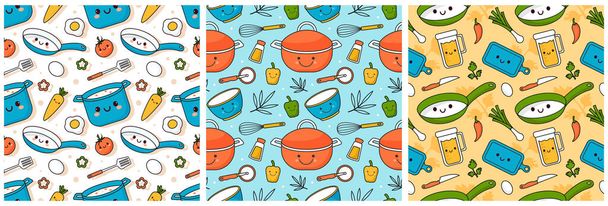 Set von Kochgeräten Nahtlose Muster Design Illustration in flachen Cartoon-Vorlage Hand gezeichnet - Vektor, Bild