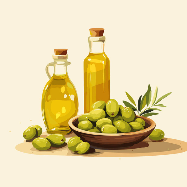 Čerstvě lisovaná láhev olivového oleje a vektor ilustrace oliv. Ikona olivového oleje - Vektor, obrázek