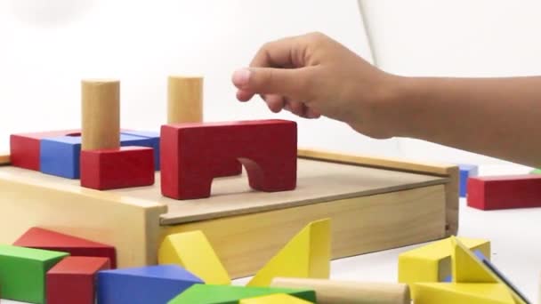 Beyaz arka planda toplanan renkli tahta yapboz oyuncakları oynayan bir çocuk - Video, Çekim