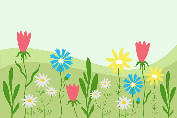花のバックグラウンドカード手描きの漫画バナー風景フィールド,花,デイジ,トウモロコシ,植物,草の平らなベクターイラストグリーンモチーフ. フラトリーデザインの背景 - ベクター画像
