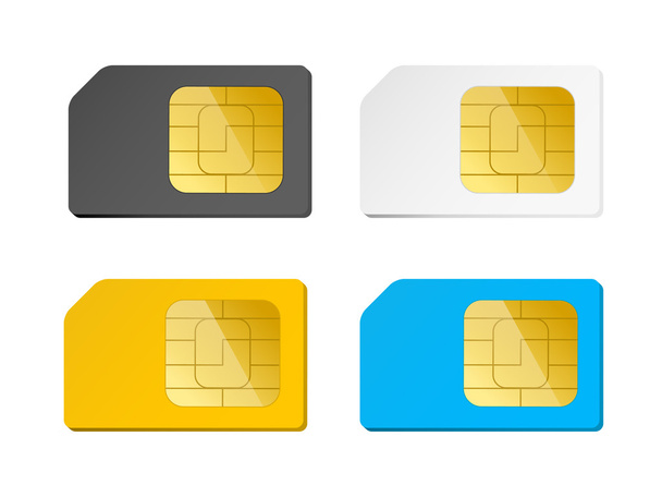 cuatro tarjetas SIM negro, blanco, azul, amarillo
 - Vector, imagen