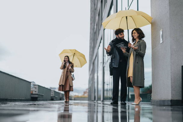 Stedelijk gesprek in de regen: Twee mensen onder gele paraplu 's. - Foto, afbeelding
