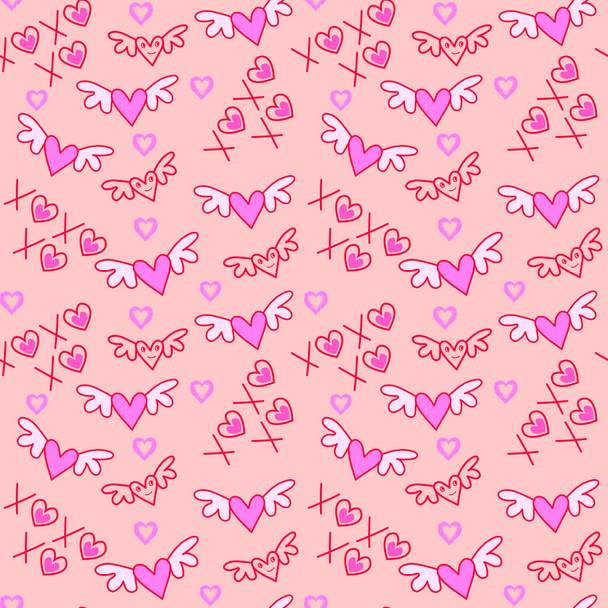  pattern Valentines day with doodle XOXO,wings,hearts - Vector, Image