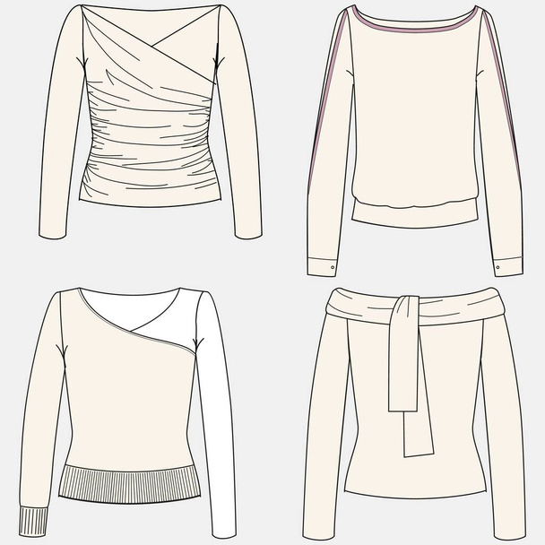 Vector crop top fashion CAD, t-shirt manches courtes femme technique chemise, coupe slim avec modèle de chemisier à dos ouvert, croquis, pose plate. Top en tissu Jersey avec face avant, rétroviseur, blanc - Vecteur, image