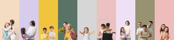 Collectie van knuffelende gezinnen en klein meisje met open armen op kleurrijke achtergrond - Foto, afbeelding