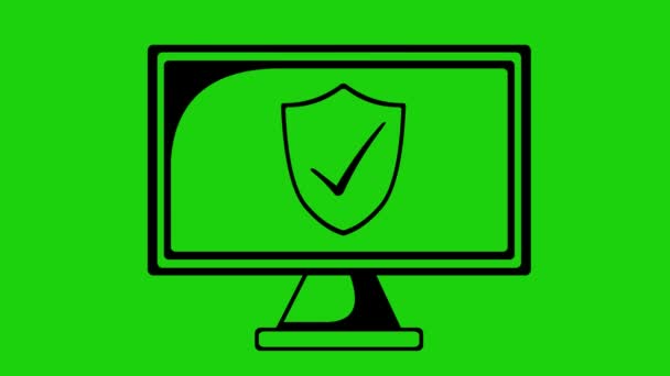 animatie bescherming zwart pictogram schild geactiveerd tegen internet antivirus monitor computer apparaat, op een groene toets chroma achtergrond - Video
