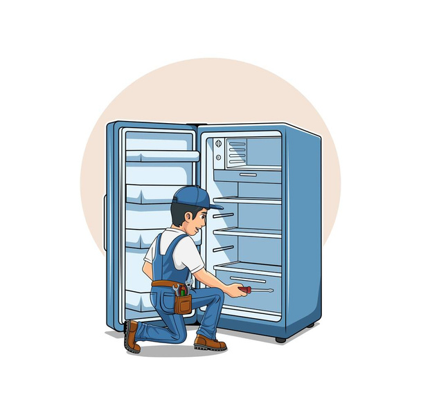 HVAC Service Cartoon Karakter Reparatie Koelkast Ontwerp Illustratie vector eps formaat, geschikt voor uw ontwerp behoeften, logo, illustratie, animatie, enz.. - Vector, afbeelding