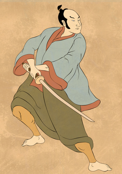 Samurai guerrero con espada katana lucha postura
 - Foto, Imagen