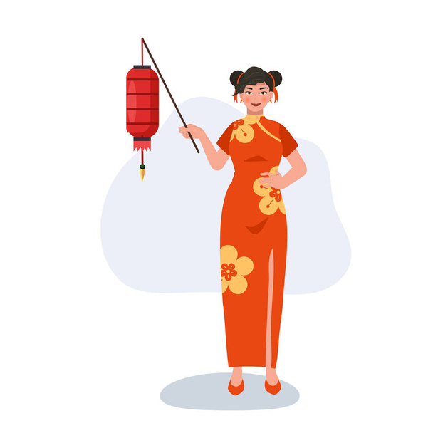 Çin Yeni Yılı, Ay Yeni Yılı Kültürel Zevkler. Kırmızı Fener Tutan Güzel Kadın - Vektör, Görsel