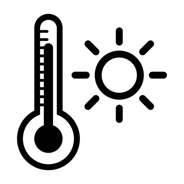 Termômetro e ícone do sol preto e branco de alta temperatura - Vetor, Imagem