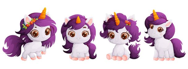 A set of four happy and cute milky unicorns with a purple mane. Pony with a yellow horn. Cartoon style, - Vector, Image