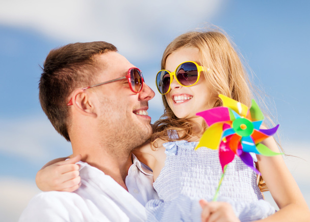 happy father and child in sunglasses over blue sky - Φωτογραφία, εικόνα