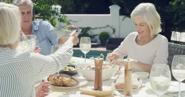 Eten lunch, senior vrienden en praten aan tafel, feesten en feesten in de tuin thuis. Voedsel, wijn en groep gepensioneerden samen op sociale bijeenkomst met alcoholglas of salade. - Video