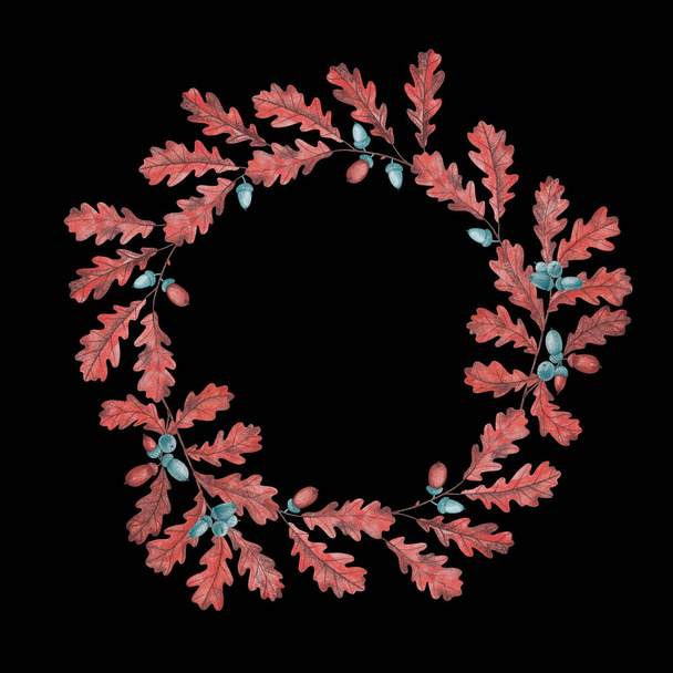 Vereinzelter Kranz, bestehend aus Aquarellzeichnungen orangefarbener Eichenblätter und Zweige, orangefarbenen und smaragdgrünen Eicheln auf schwarzem Hintergrund - Foto, Bild
