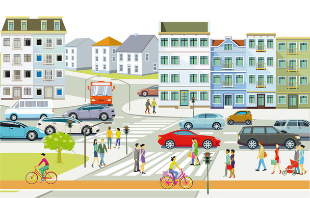 Silueta de ciudad de una ciudad con tráfico y gente, ilustración - Vector, imagen