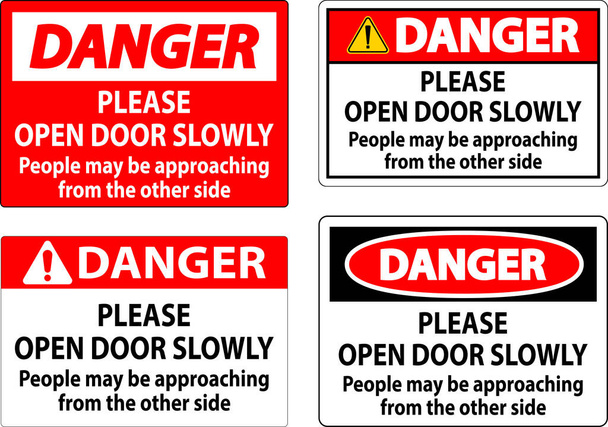 Vaara merkki, avaa ovi hitaasti, ihmiset saattavat lähestyä toiselta puolelta - Vektori, kuva