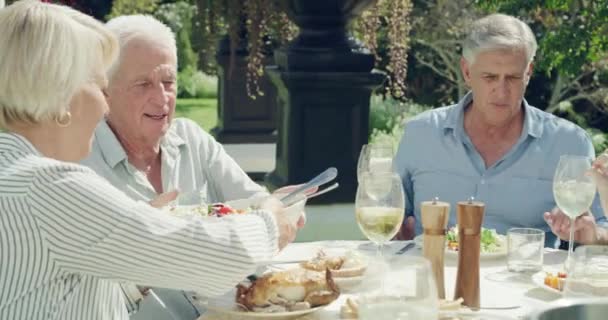 Eten lunch, senior vrienden en feest aan tafel, praten en feesten in de tuin thuis. Voedsel, wijn en groep gepensioneerden samen op sociale bijeenkomst met alcoholglas of salade. - Video
