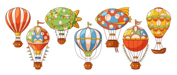 Balony z gorącym powietrzem Zestaw wektorów kreskówek. Kolorowe, pływające samoloty wypełnione ogrzanym powietrzem. Zapewniając spokojne doświadczenie lotnicze wznoszą się, gdy powietrze wewnątrz jest cieplejsze niż otaczająca atmosfera - Wektor, obraz