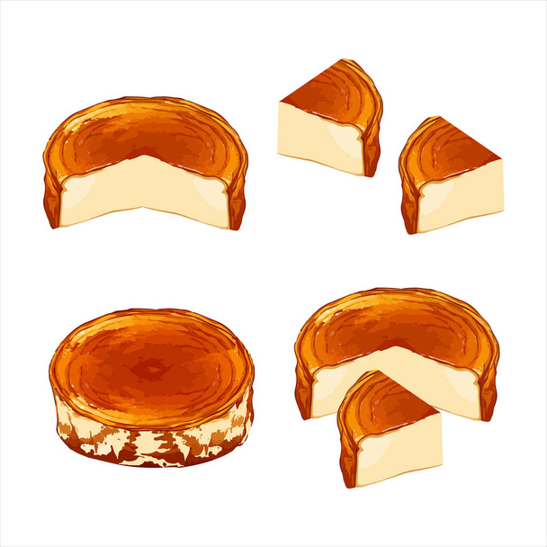 Hand drawn vector illustration of basque burnt cheesecake - Vector, Image