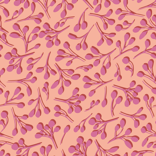 Rózsaszín absztrakt botanika zökkenőmentes ismétlődő minta. Véletlenszerűen elhelyezett, vektoros gyógynövények árnyékos sárgabarack háttérrel. - Vektor, kép