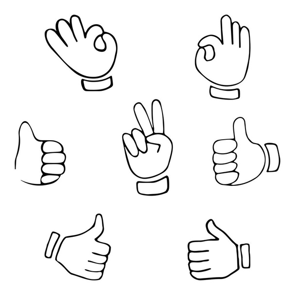 Set of hand gestures showing positive emotions: V sign for victory or peace, hand showing ok, thumb up, like. Hand drawn vector doodles in line style, sketch style. - Vector, Image