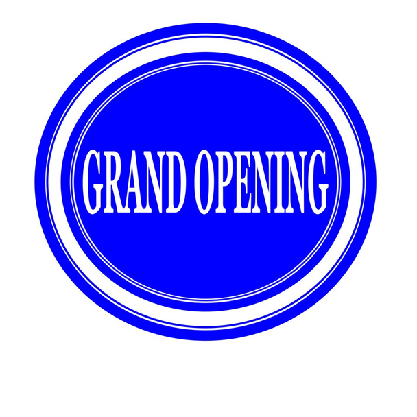 Grand opening white stamp text on blue - Photo, Image