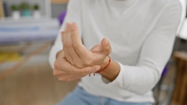 Un joven examina su mano con dolor en una clínica médica, insinuando lesiones o rehabilitación. - Metraje, vídeo