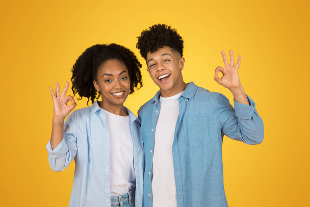 Молодая женщина и мужчина ярко улыбаются, делая жест ОК руки, чтобы обозначить удовлетворение и позитивность перед веселым желтым фоном. Любовь, отношения, рекомендации - Фото, изображение