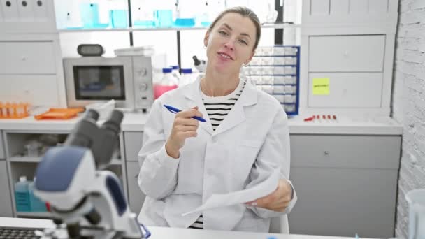 Λευκή γυναίκα επιστήμονας με εργαστηριακή ποδιά εξετάζει έγγραφα σε ένα σύγχρονο εργαστηριακό περιβάλλον - Πλάνα, βίντεο