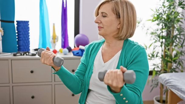 Mujer rubia madura haciendo ejercicio con pesas en una clínica de fisioterapia en interiores. - Foto, Imagen