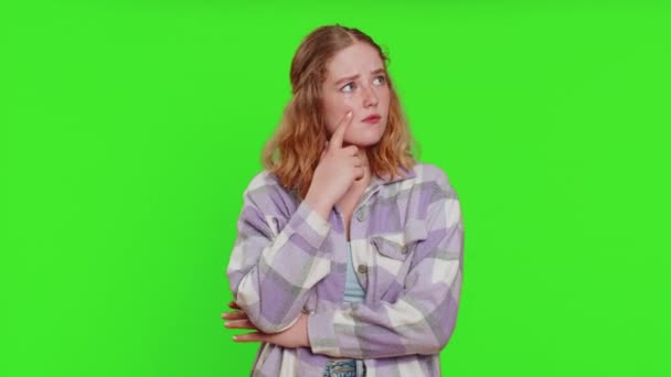 Eureka. Inspired young woman pointing finger up with open mouth, having good idea plan startup, showing inspiration motivation gesture, problem solution. Pretty girl isolated on chroma key background - Footage, Video