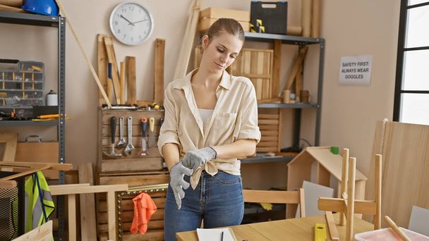 Donna bionda che indossa guanti in un laboratorio di falegnameria con legno, strumenti. - Foto, immagini