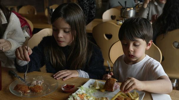 bambini che si godono i pasti al ristorante - fratellini, fratello e sorella interazione alla tavola calda mangiare cibo. Piatto di carne milanese con patatine fritte - Foto, immagini