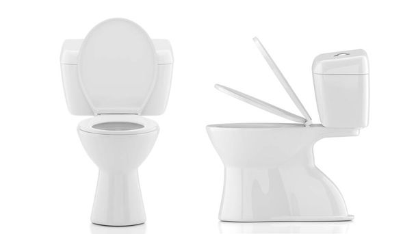 Vorder- und Seitenansicht der weißen Toilettenschüssel mit offenem Deckel auf weißem Hintergrund - Foto, Bild