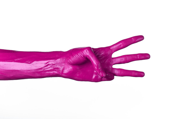 Pink hand on white background, isolated, paint - 写真・画像